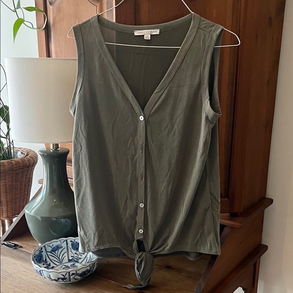 Green envelope  Sage/olive Green Sleeveless Button-Down Shirt